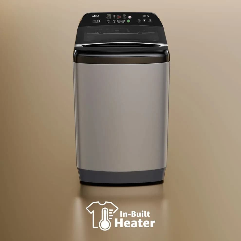 Akai 10Kg, 5 Star, Fully Automatic Top Load Washing Machine with In-Built Heater, Glass Lid, Inox Grey