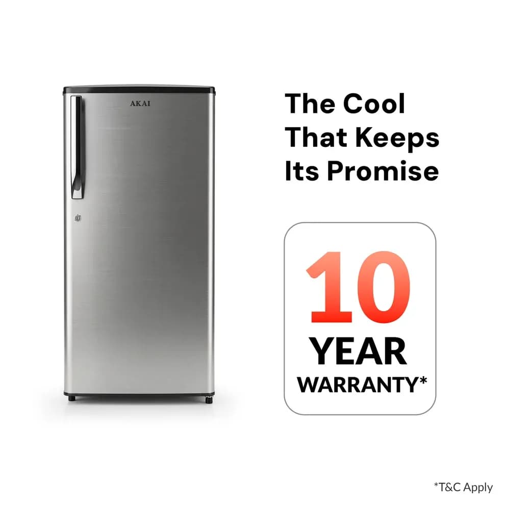 Akai 186L, 1 Star, Single Door Direct Cool Refrigerator (Stainless Steel)