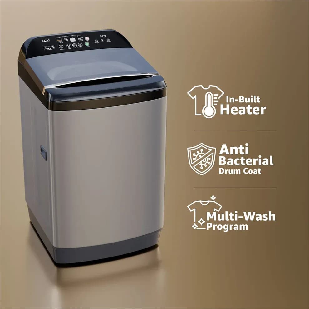 Akai 8Kg, 5 Star, Fully Automatic Top Load Washing Machine with In-Built Heater , Glass Lid, Inox Grey
