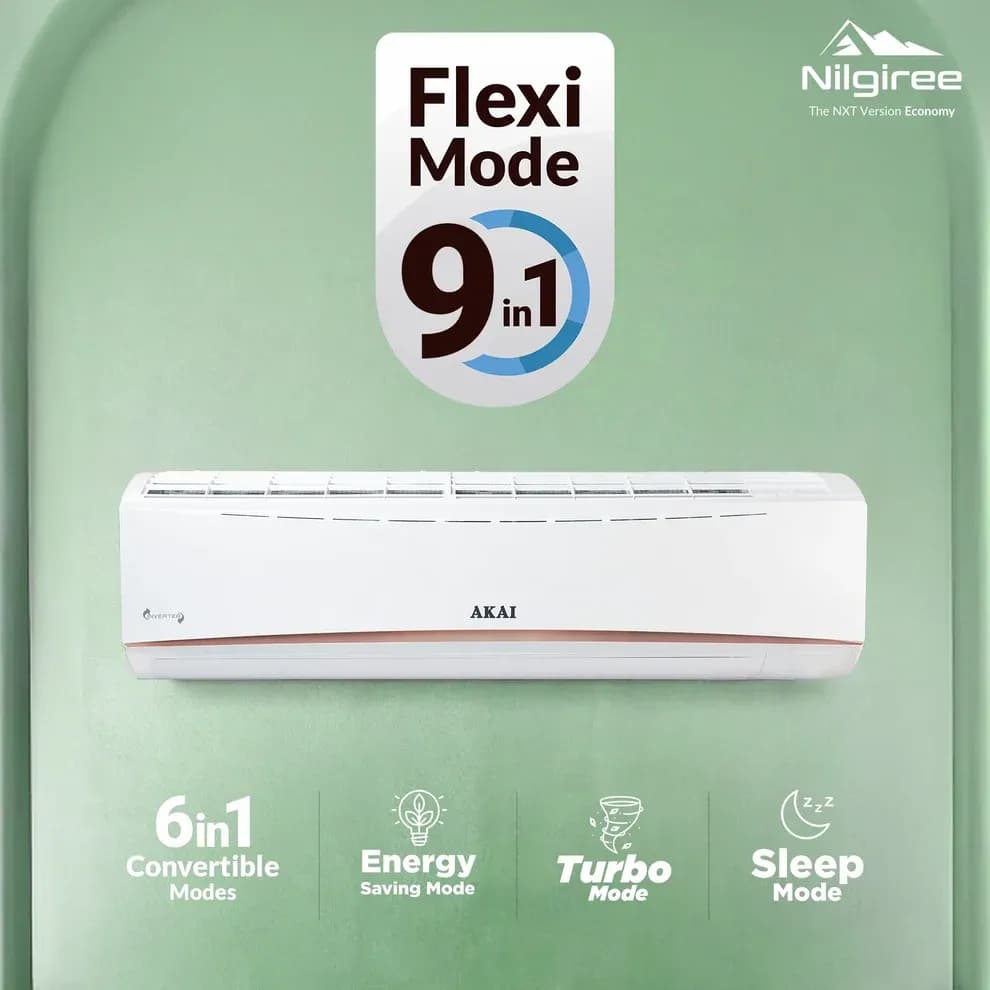 akai nilgiree 1 ton 3 star inverter ac flexi mode 9 in 1 cools at 55 c degrees 100 copper 4